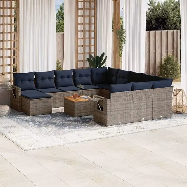 Set di divani da giardino vidaXL in polyrattan grigio con cuscini e tavolino da esterno a forma di L – 1