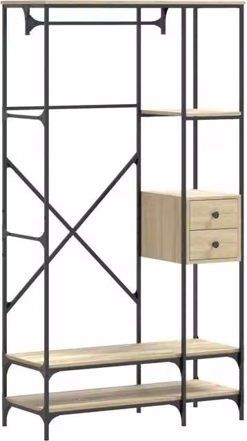 Appendiabiti con Scaffali e Stendino in Legno e Metallo Rovere Sonoma DESIGN IN L/P/H: 180 x 97 x 40 cm – 1