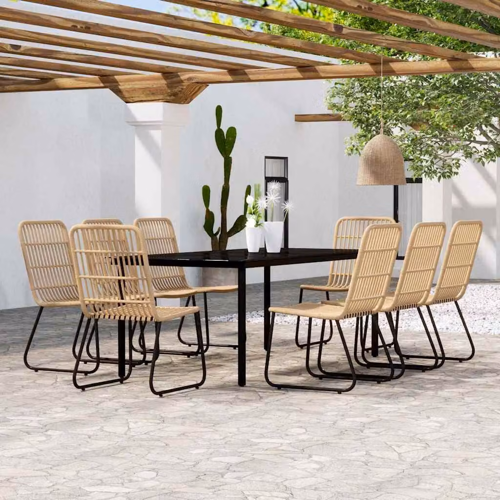 Set da pranzo per giardino e terrazzo vidaXL da 9 pezzi con tavolo in vetro e sedie con cuscini, colore nero e marrone