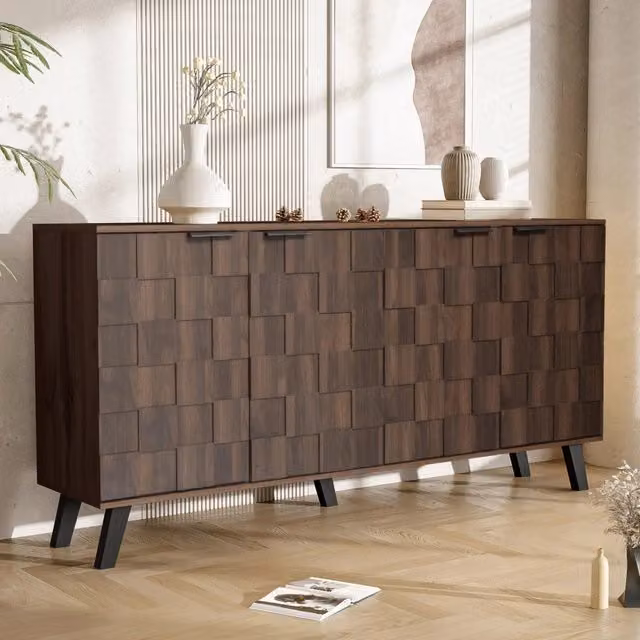 Credenza a 4 ante con ripiani regolabili e gambe nere in truciolare effetto legno scuro 160;5 × 35;5 × 78 cm