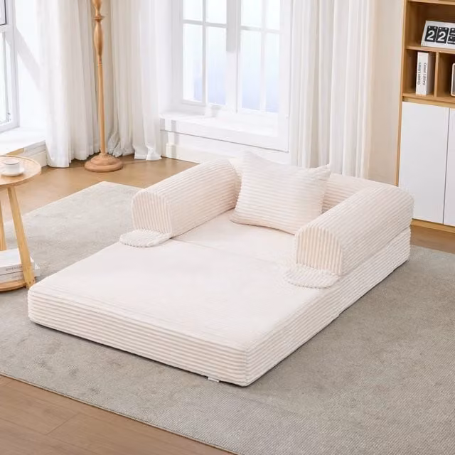 Poltrona letto singola trasformabile FOLYNA SEDUTE E COMFORT in velluto a coste beige con cuscino abbinato e braccioli