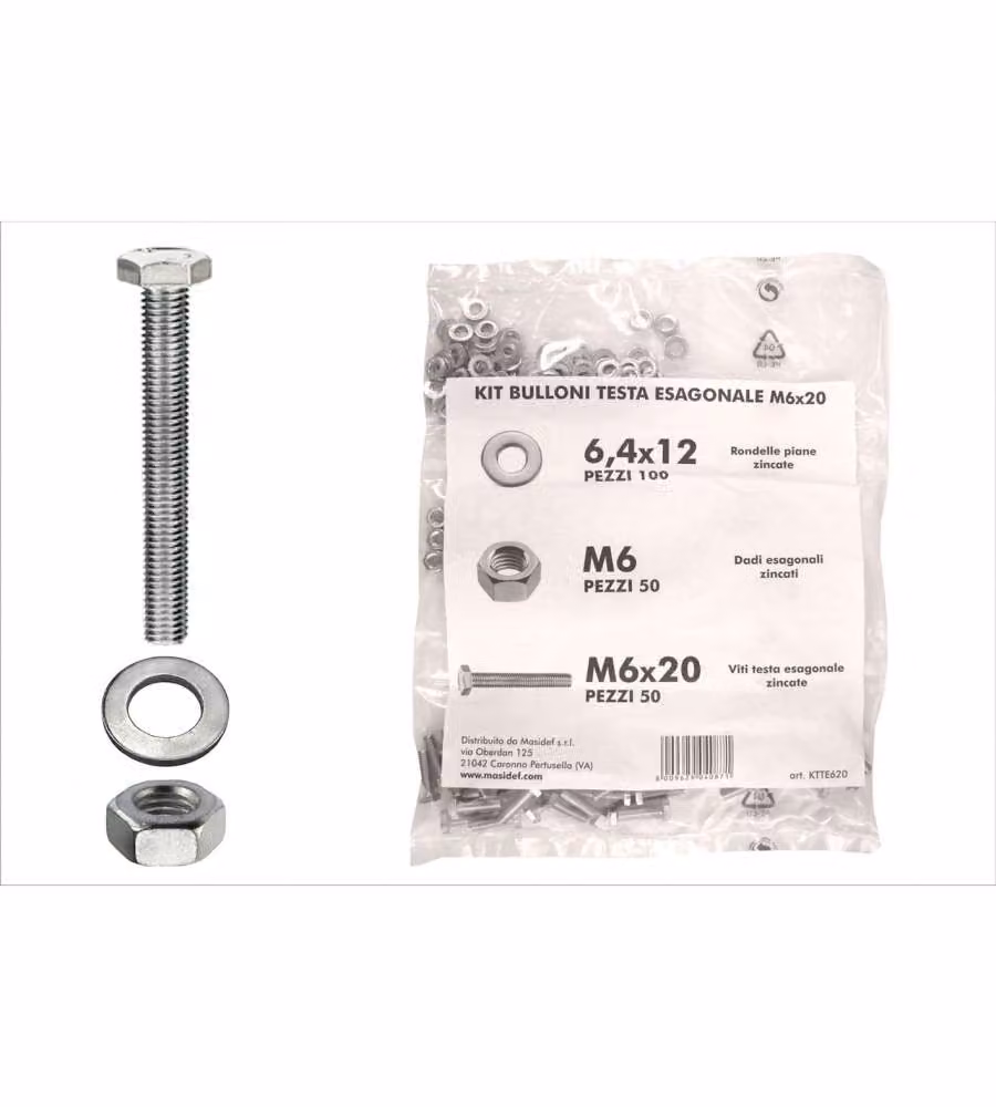 Kit viti testa esagonale M6 x 20 + dadi + rondelle - 200 pz.