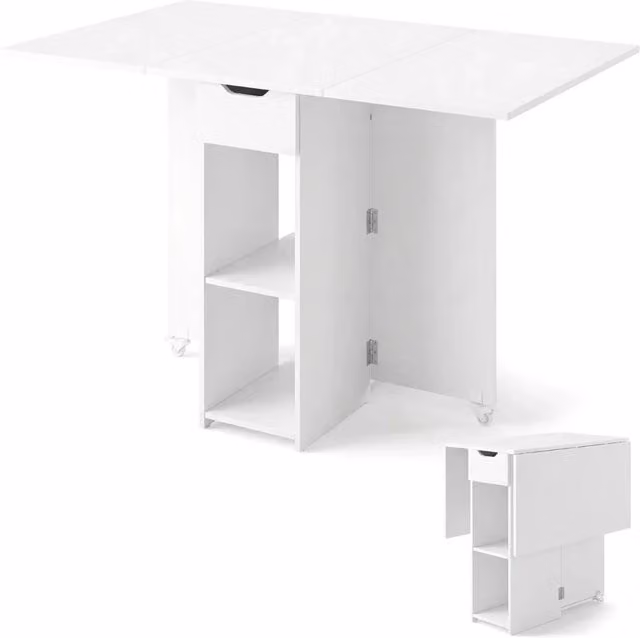 Tavolo pieghevole da cucina di forma rettangolare 120 x 72 x 75 cm con cassetto e 2 ripiani in stile moderno in legno bianco 20_0020900