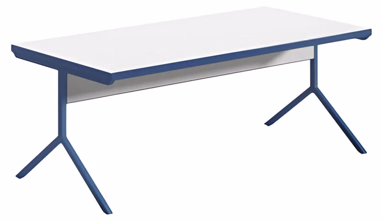 Moderner Schreibtisch mit weißer Oberfläche blauer Metallbasis stilvolles Design