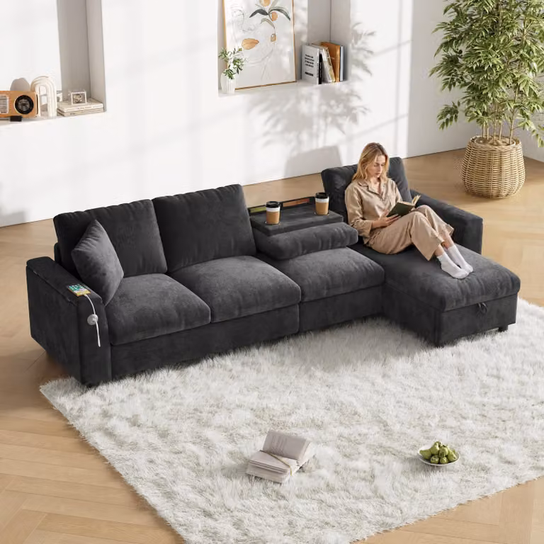 Merax Divano angolare a L con funzione sleep, box letto, porta di ricarica USB e type-C, tavolino con portabicchieri, divano in ciniglia, divano, grigio
