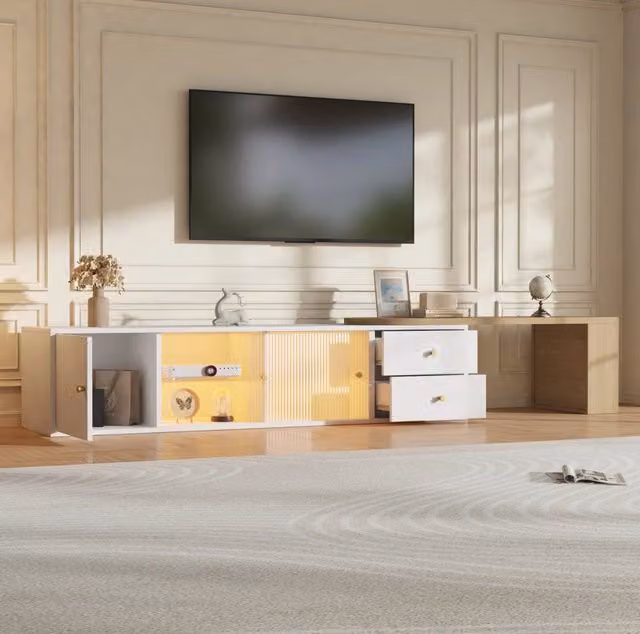 Mobile TV allungabile moderno con LED RGB; 175 x 40 x 35;5 cm; bianco e naturale; in truciolare