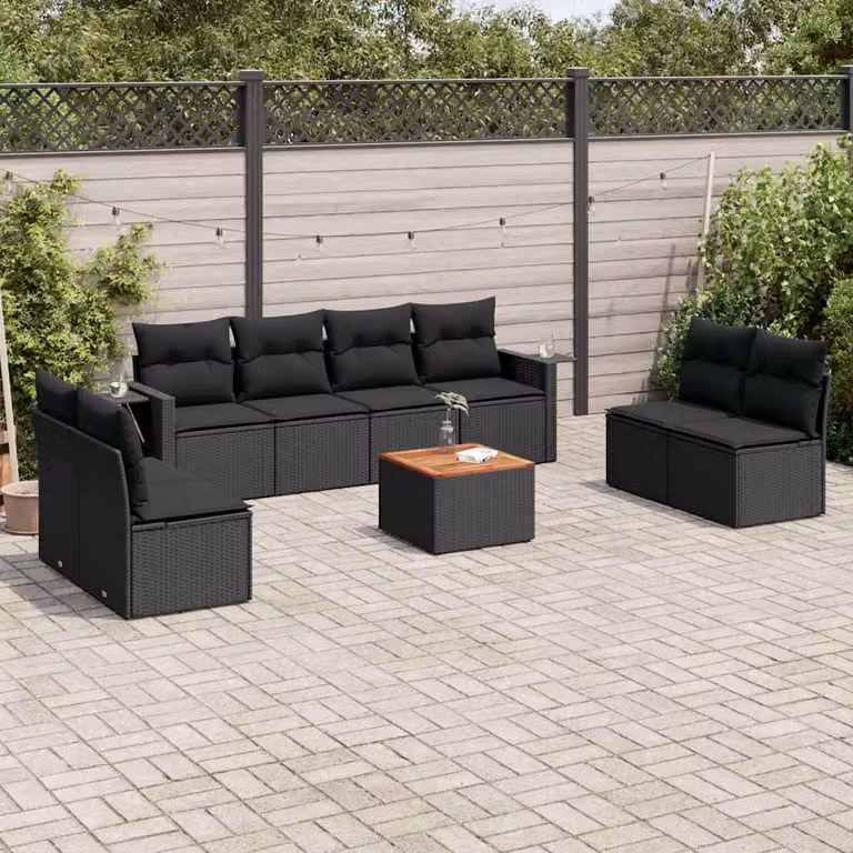 vidaXL Set Divani da Giardino 9 pz a Forma a U in Polyrattan Nero con Cuscini e Tavolino da Caffè