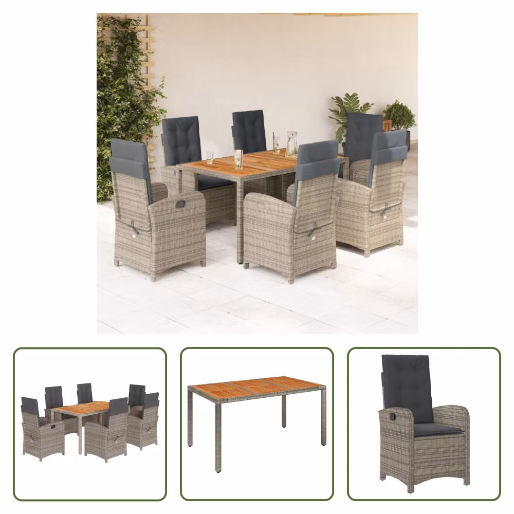The Living Store Set da pranzo da giardino 7 pezzi con cuscini in poly rattan grigio