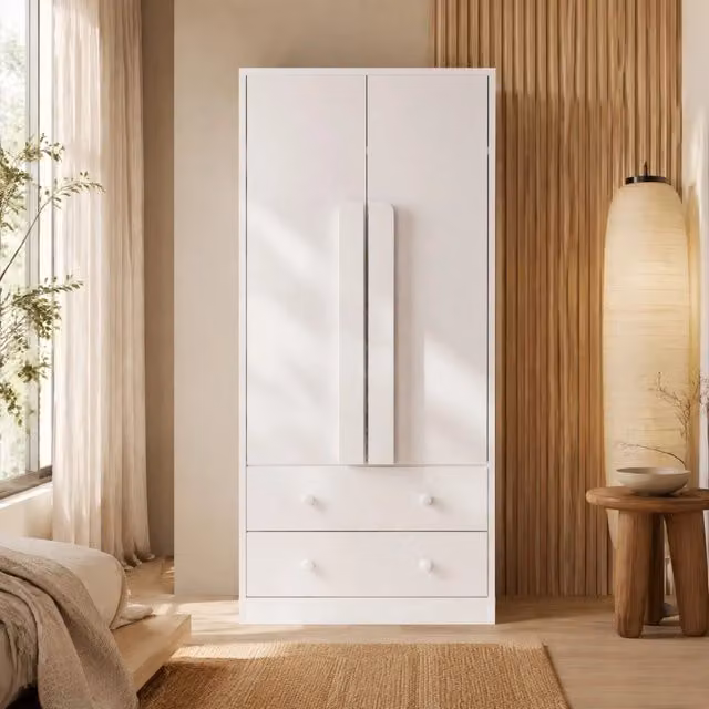 Armadio guardaroba a doppia anta con 2 cassetti; 70 x 40 x 170 cm; bianco