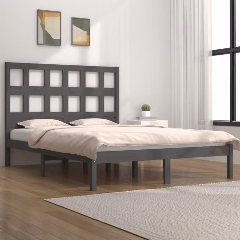 The Living Store Letto in legno massiccio di pino grigio 200x200 cm