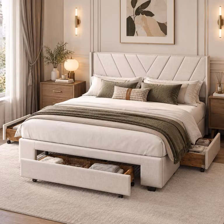 Letto imbottito INONEFT, 140 x 200 cm, letto matrimoniale con 3 cassetti e rete a doghe, letto per ragazzi con testiera, letto per adulti, colore: lino, beige, senza materasso