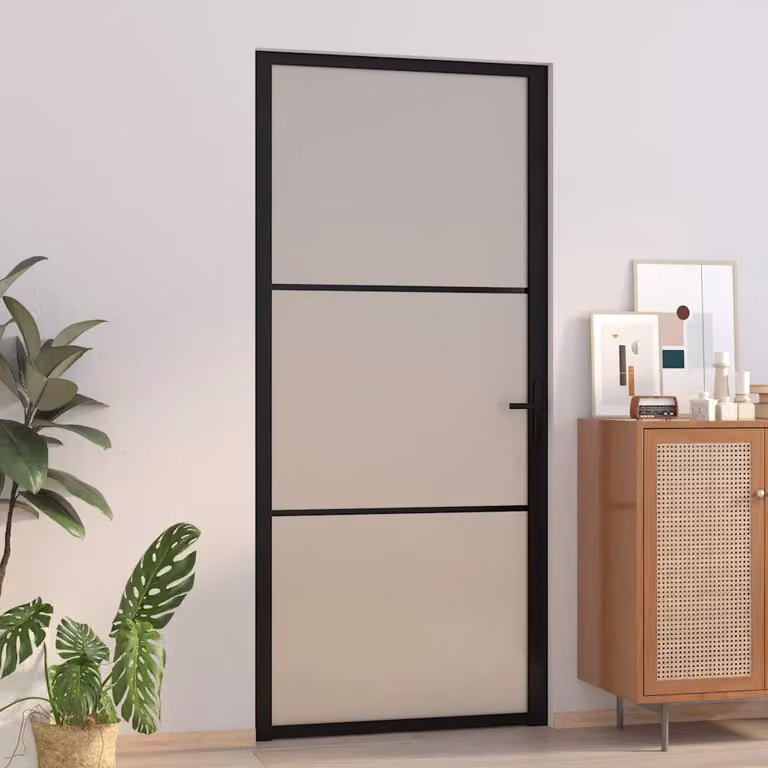 Porta interna moderna vidaXL in vetro e alluminio, colore nero opaco e trasparente, L: 93 cm, H: 201,5 cm