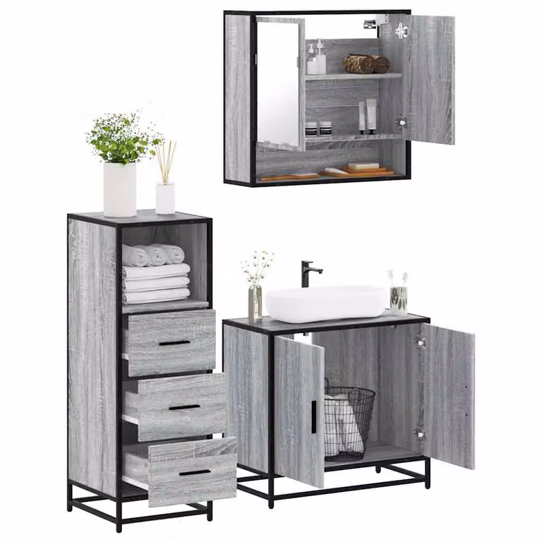 Set Mobili da Bagno Industrial vidaXL 3 Pezzi Grigio in Legno, Metallo e Vetro con Armadietto Specchio e Mobile Lavabo con Illuminazione LED