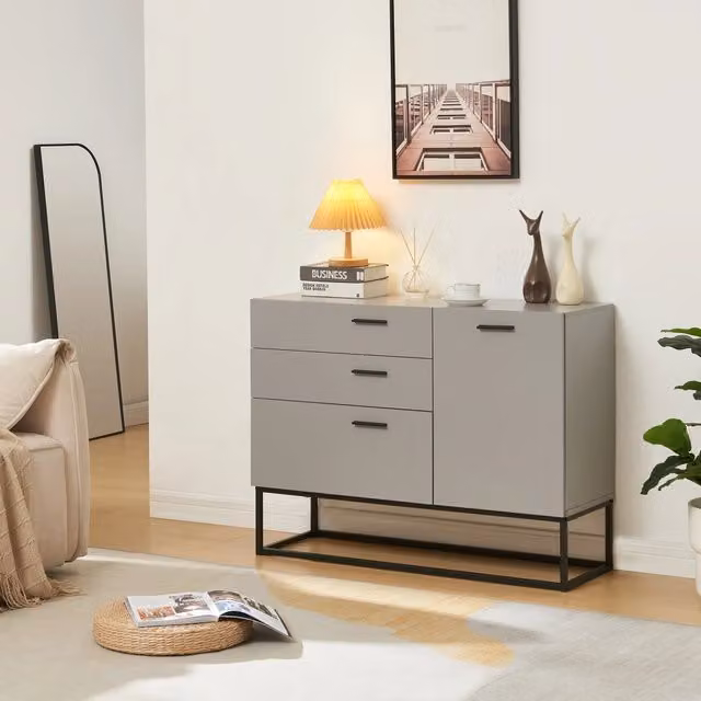 Comò Lavangen en.casa con anta e 3 cassetti, Nero e Grigio Chiaro, L: 100 cm, H: 75 cm, P: 35 cm