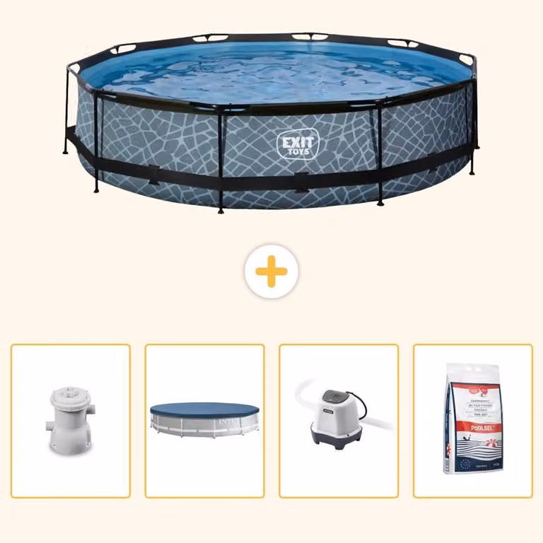 Piscina a sfioro "Exit Pool Rund" - Design effetto pietra - 360x76 cm - 5 pezzi - Modello SCB55