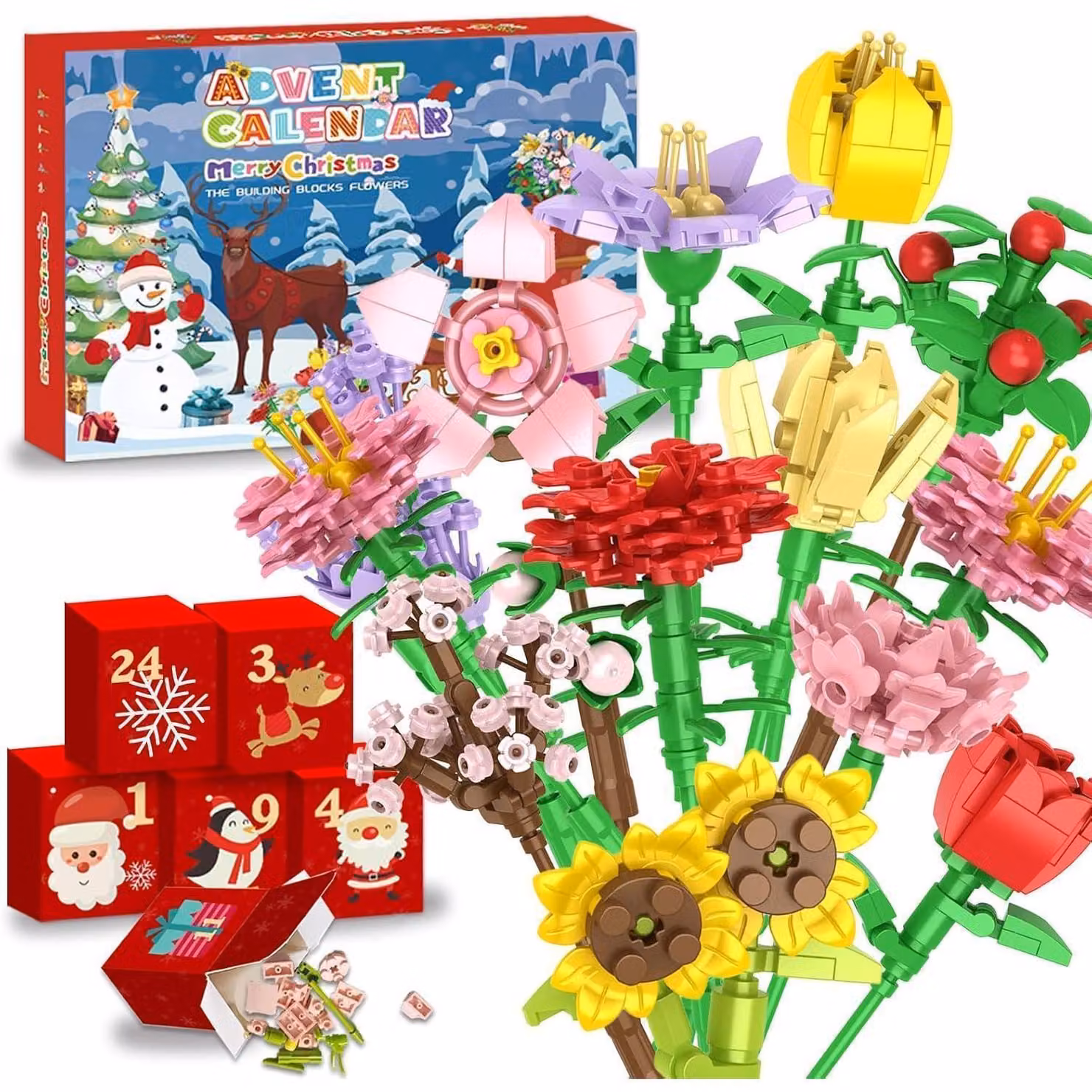 Calendario dell'Avvento a tema fiori, blocchi da costruzione per bambini, anno 2026. Calendario natalizio con 24 giorni, contenente composizioni floreali e giocattoli da costruzione, ideale come regalo