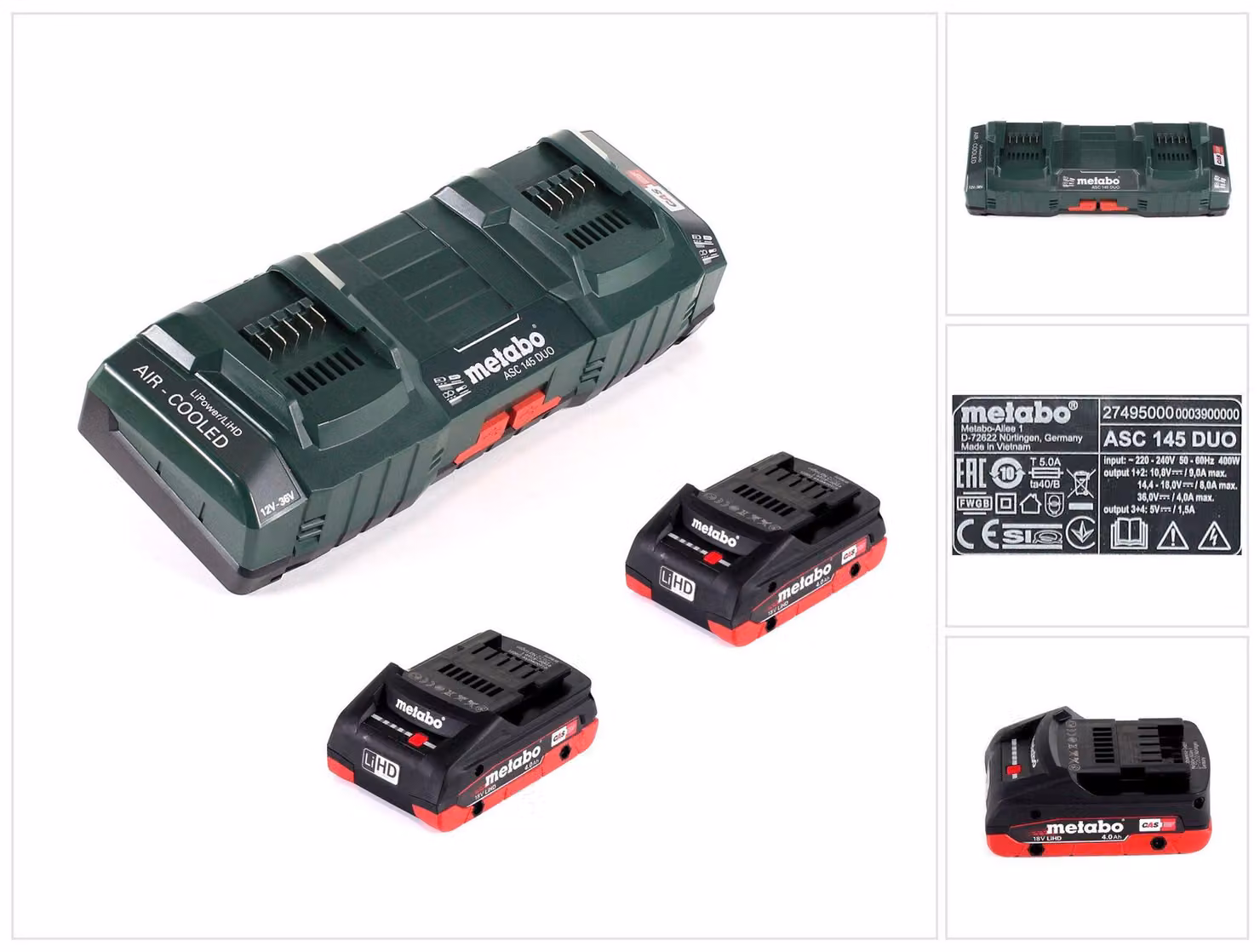 Set base Metabo: 2x batterie LIHD 4,0Ah + caricatore doppio ASC 145 DUO