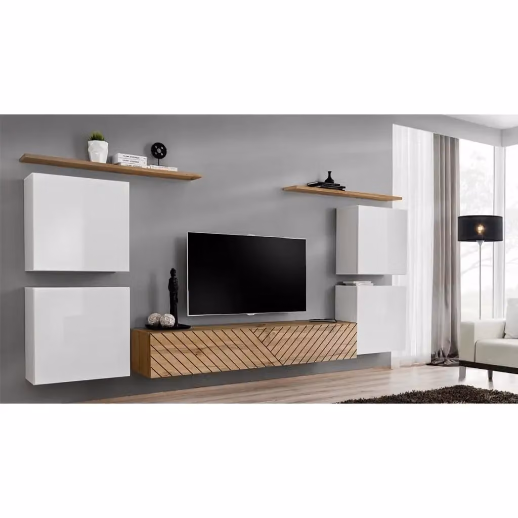 Set di mobili da salotto design SWITCH IV Meublorama, finiture rovere fresato e bianco lucido, Colori bianco e rovere – 2