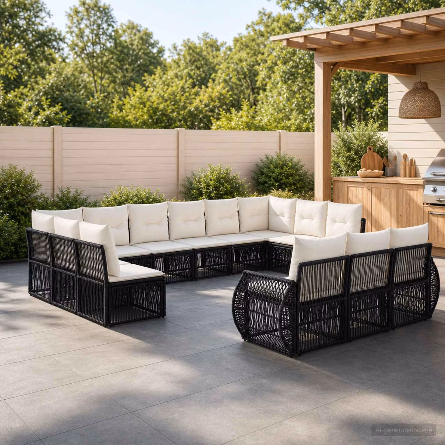 Set Divano da Giardino vidaXL a forma a U in Polyrattan con Cuscini, Nero e Bianco Crema