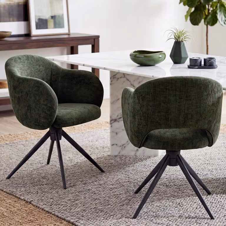 Set di 2 poltrone da pranzo Duhome, girevoli a 180°, con braccioli in tessuto chenille e schienale traforato, con funzione di ritorno automatico, colore verde