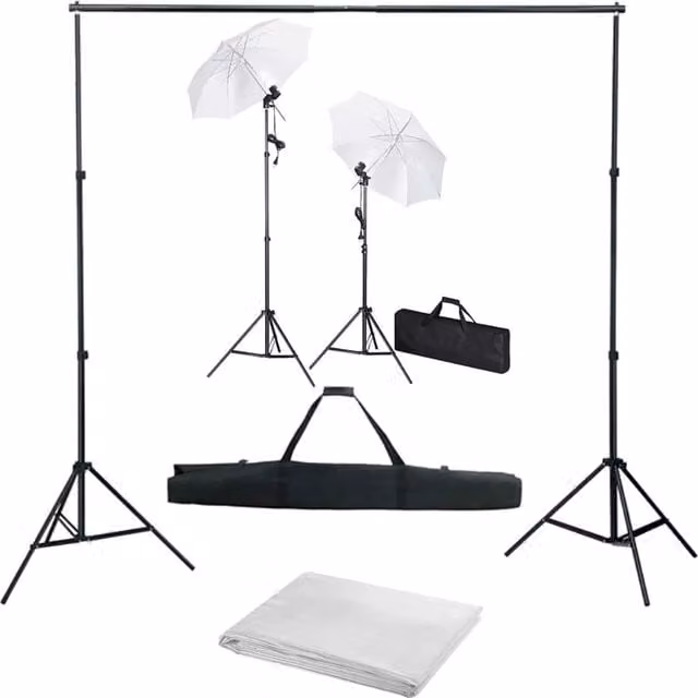 Kit professionale per studio fotografico con fondale bianco, luci e ombrelli regolabili in metallo e alluminio