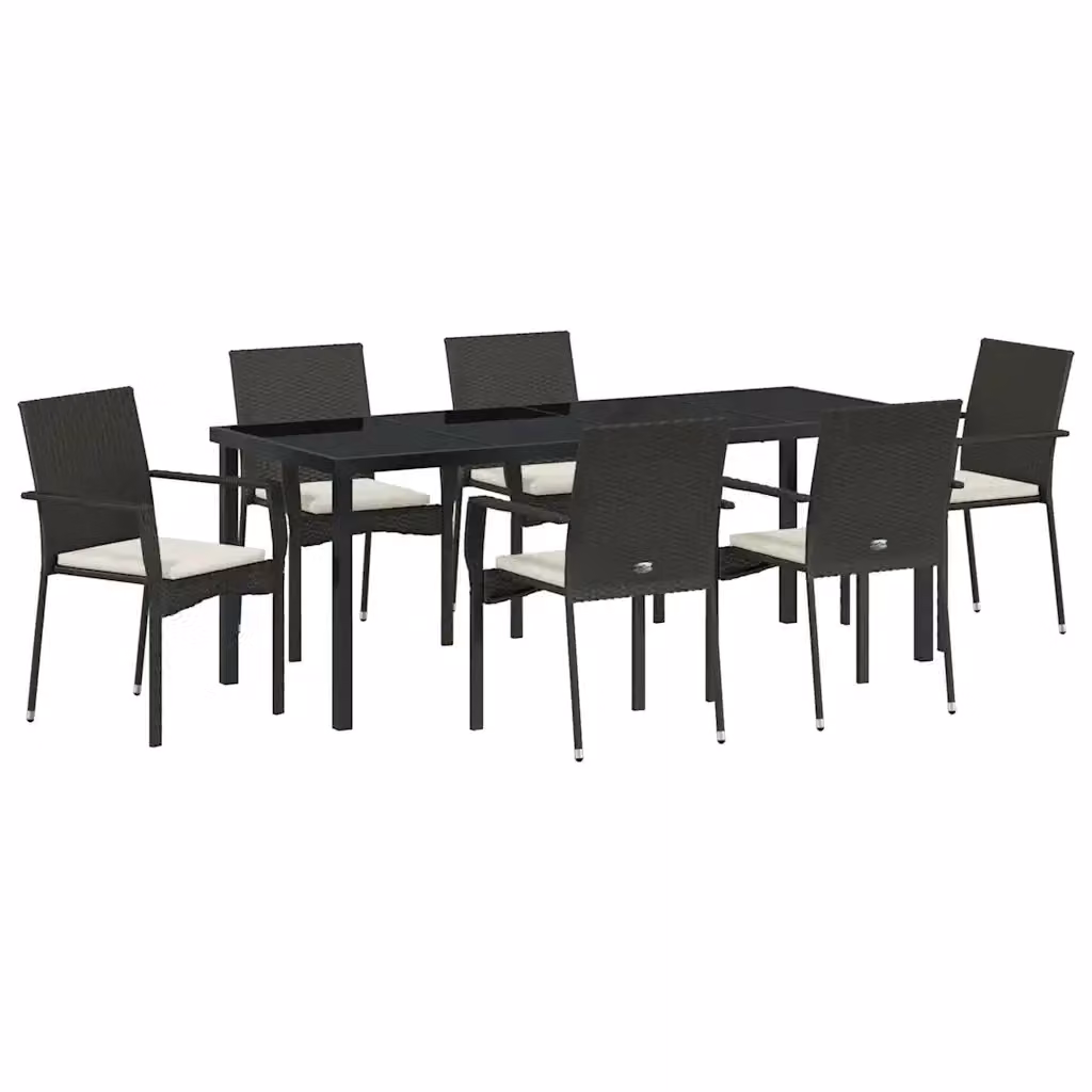 Set da pranzo per giardino e terrazzo vidaXL in polyrattan nero con tavolo in vetro, 7 pezzi – 2