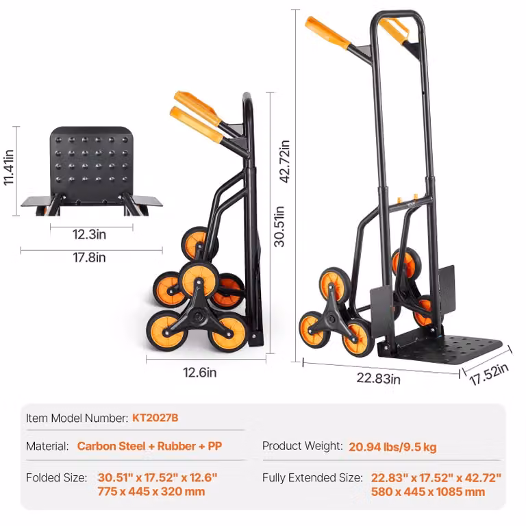 Carrello elevatore a spinta - Carrello per movimentazione carichi - Carrello per scale - Carrello trasportatore - Pieghevole - Capacità di carico: 440 libbre - Con funzione di salita scale