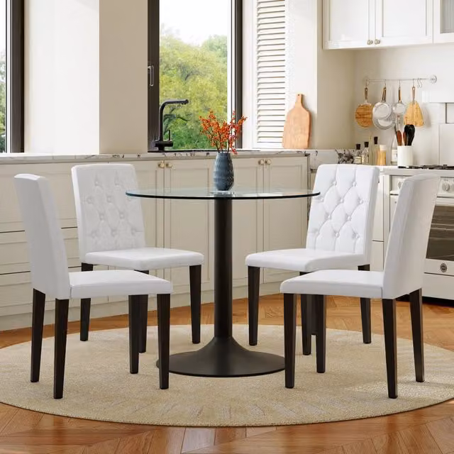 Set tavolo e 4 sedie, tavolo in vetro Ø85 cm, sedie da pranzo in PU con schienale imbottito a bottoni, design minimalista moderno per sala da pranzo