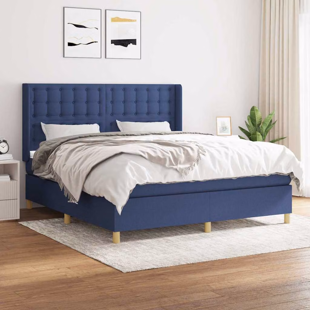 vidaXL Giroletto a Molle con Materasso Blu e Bianco in Tessuto L/P: 180 x 200 cm – 1