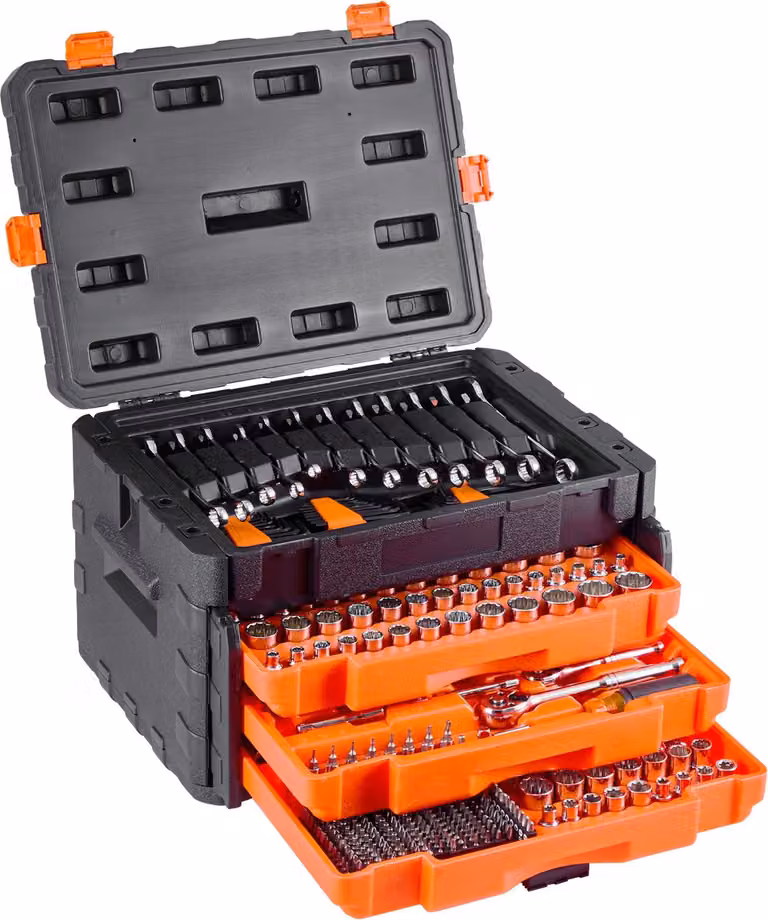 Cassetta portaviti - Set di chiavi a bussola per meccanici 450 pezzi - Attacco 6,4/9,5/12,7 mm - Chiavi a bussola profonde e standard - Metriche e SAE - Con chiavi inglesi - Valigetta portautensili