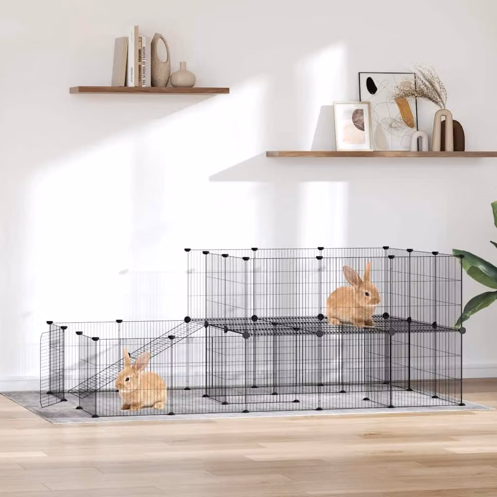 Gabbia per animali vidaXL in acciaio con 44 pannelli e porta, colore nero, L: 105 cm, P: 70 cm, H: 175 cm