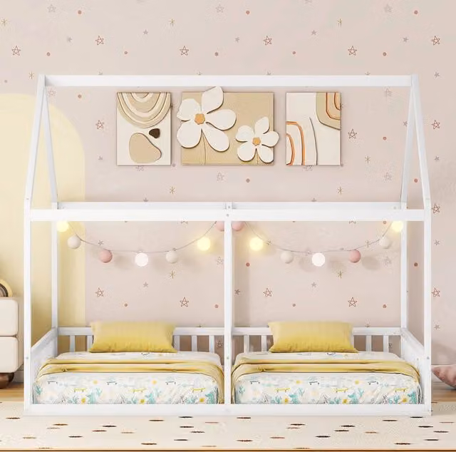 Letto Singolo 2-in-1 Bianco 90x200 cm in Legno di Pino e MDF con Design a Casa con Sponde di Sicurezza
