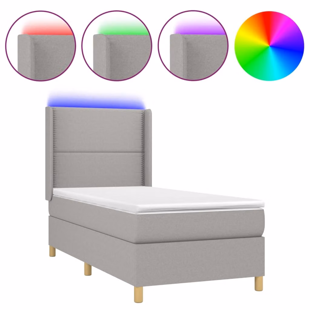 Letto a Molle Materasso e LED Grigio Chiaro 100x200 cm Tessuto