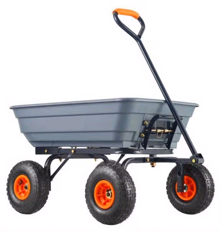 Carrello da giardino con ruote e barra di traino regolabile, ideale per lavori di giardinaggio e con una capacità di carico di 270 kg