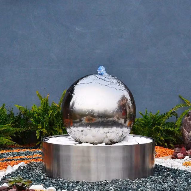 Sfera Cascata da Giardino GIORDANOSHOP in Acciaio Inox Argento con LED e Pompa, Ø 40 cm