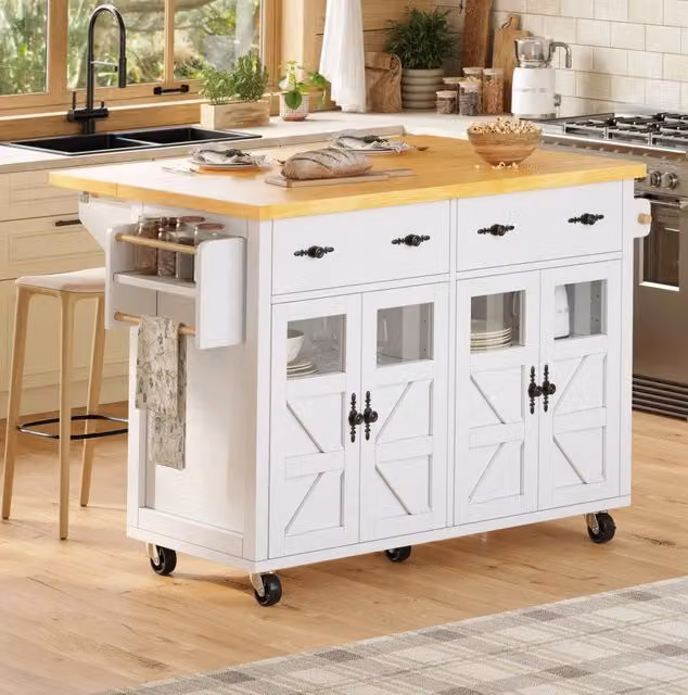Isola cucina mobile con piano estensibile, ruote e ripiani regolabili