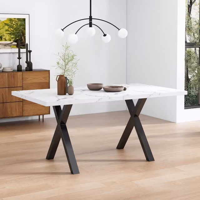 Tavolo da pranzo ULEVR 140x80x76 cm con gambe incrociate, piano in MDF effetto marmo bianco e metallo
