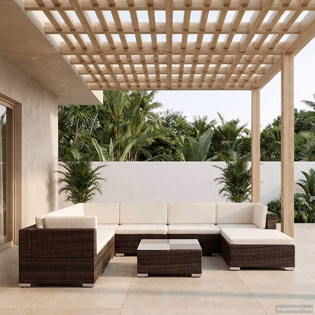 Set Divani da Giardino vidaXL 8 pz con Cuscini e Tavolino, Design Moderno a Forma di U, Colore Marrone e Bianco