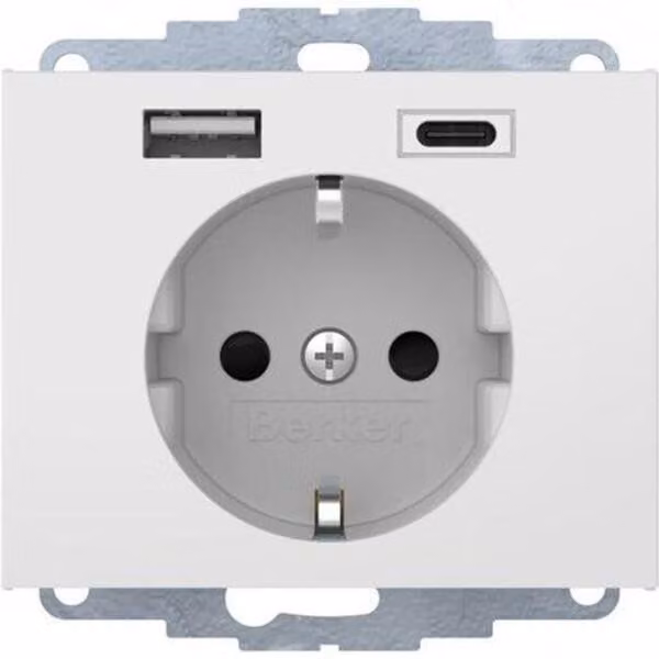Berker SCHUKO/USB A-C K.x, bianco polare lucido, bianco, metallo, plastica, IP20, 250 V, 16 A, 50 Hz