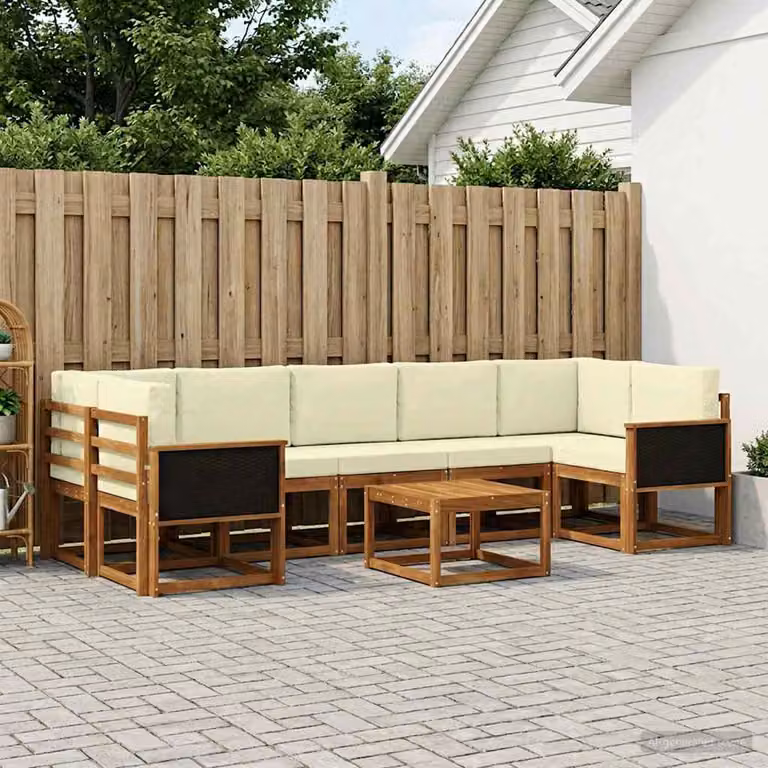 vidaXL Set di divani da esterno a L in legno di acacia con cuscini, 6 pezzi, Beige e Marrone