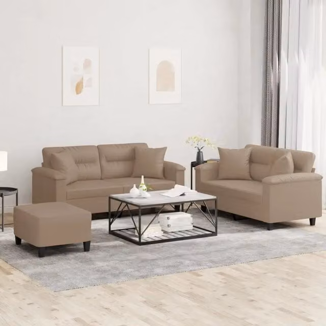 Set di divani 3 pezzi vidaXL in similpelle beige con cuscini per soggiorno moderno