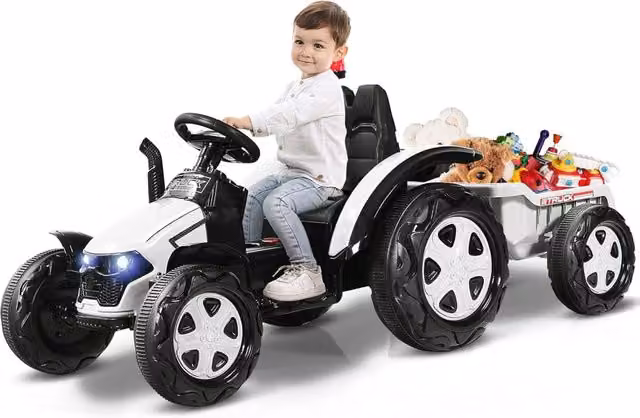 Costway Trattore Elettrico per Bambini con Rimorchio e Telecomando, Giocattolo 2 in 1 Bianco – 1