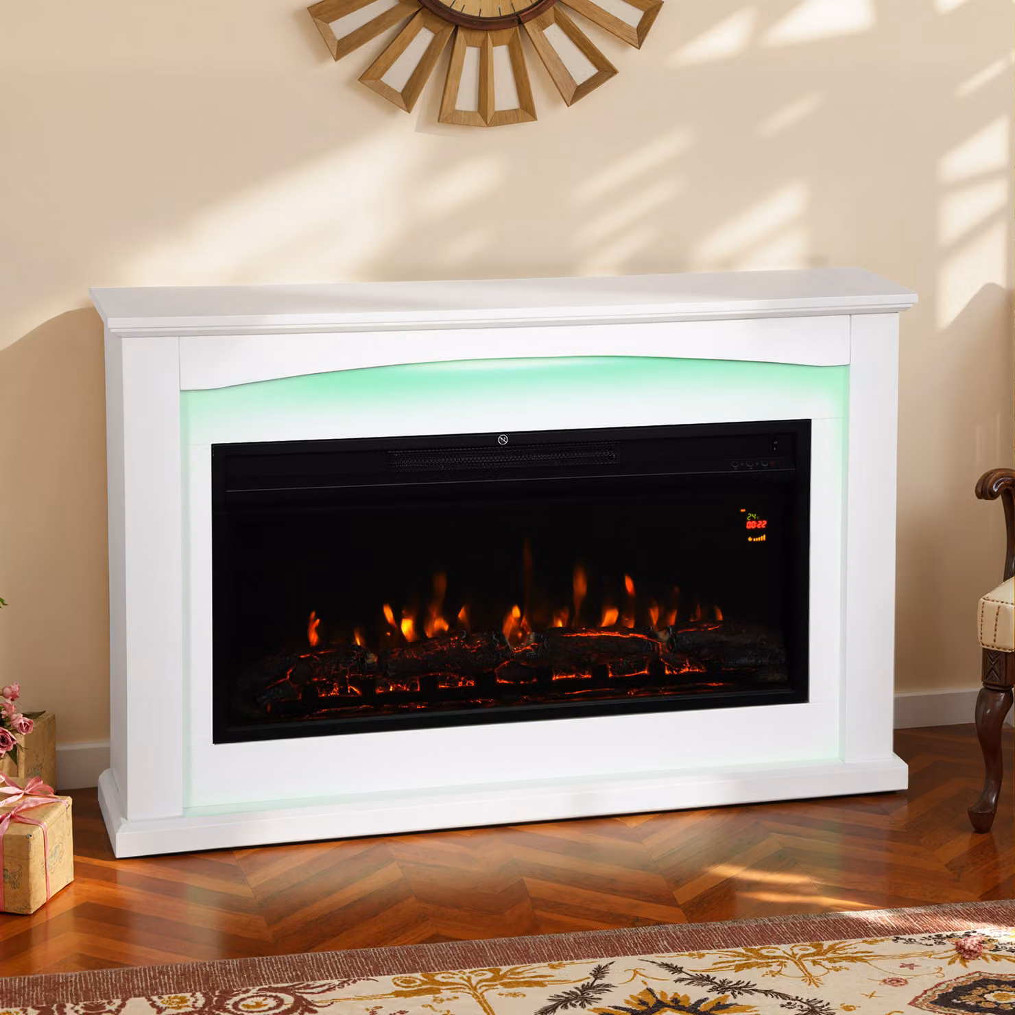 Camino elettrico decorativo HOMCOM bianco con effetto fiamma e 5 livelli di luminosità L: 121 cm, P: 25 cm, H: 77 cm – 2