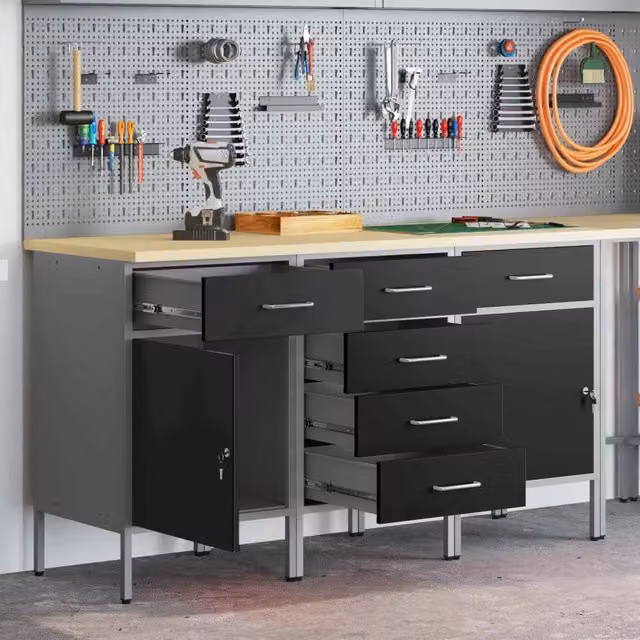 Set di 3 mobili da lavoro con blocco vidaXL in acciaio e legno, Nero e Grigio, L 150 x P 55 x H 85 cm