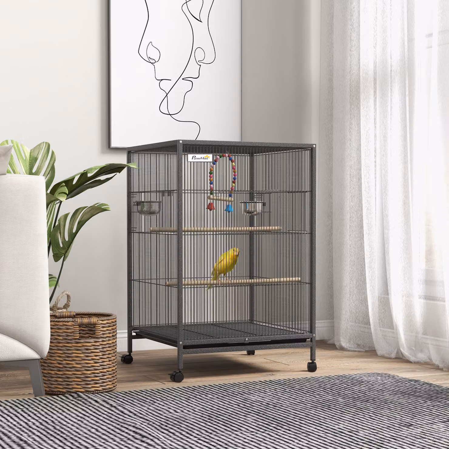 Gabbia per uccelli PawHut in acciaio e plastica con 5 porte, 2 posatoi e vassoio estraibile, Grigio, H 74 x L 46 x P 46 cm – 2
