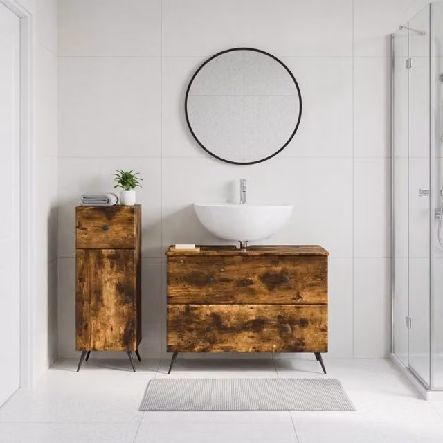 Set di mobili da bagno moderno vidaXL composto da mobile lavabo e mobile contenitore in legno color marrone con ante a cerniera e ripiani interni L/P/H: 82,0 x 34,55 x 59,0 cm e 41,0 x 76,7 x 59,0 cm