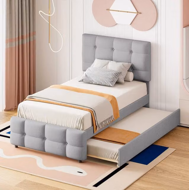 Letto imbottito per bambini 90x200 cm con letto estraibile; testiera regolabile; lino grigio