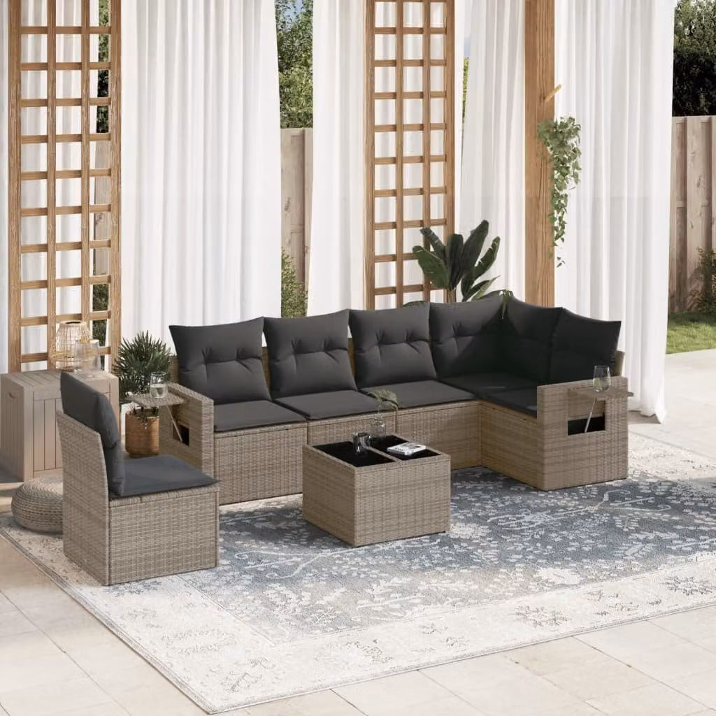 Set di divani da giardino vidaXL a forma di L in polyrattan grigio con 7 pezzi e cuscini inclusi – 1