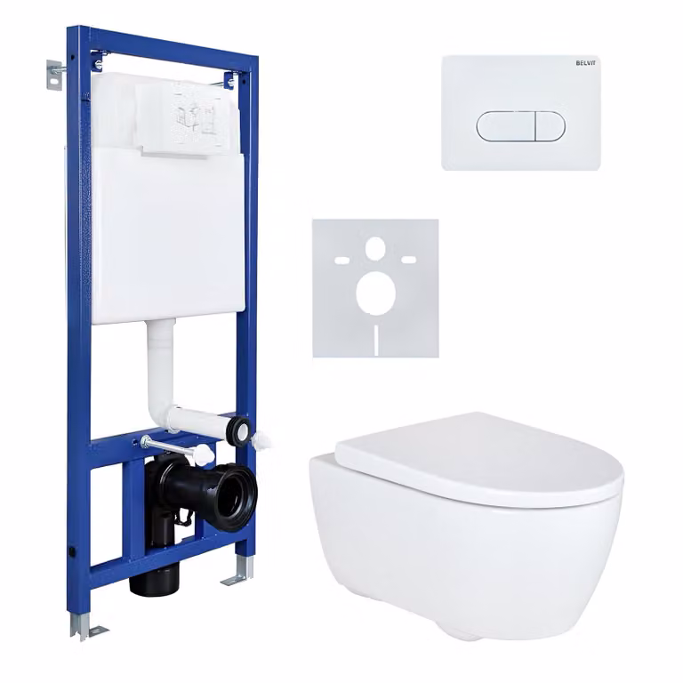 Set per WC Geberit iCon WC sospeso senza bordo con elemento a parete Belvit, piastra di azionamento del sedile in termoindurente QuickRelease EasyMount Set completo per WC insonorizzato