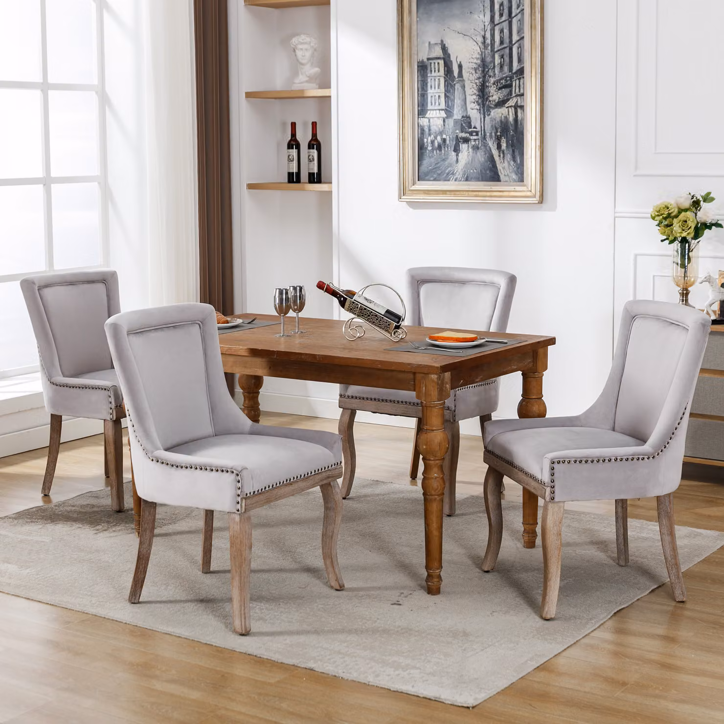 Set di 4 sedie da sala da pranzo Flieks, sedie da cucina imbottite con gambe in legno massiccio, sedia da sala da pranzo con rivestimento in velluto, grigio